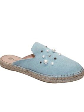 NEW Eric Michael Women Kelly Blue Suede Faux Pearl Beaded Flatform Dress Mule